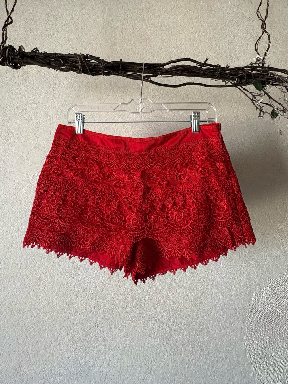 Sans Souci Scarlet Red High-Waist Crochet Lace Shorts